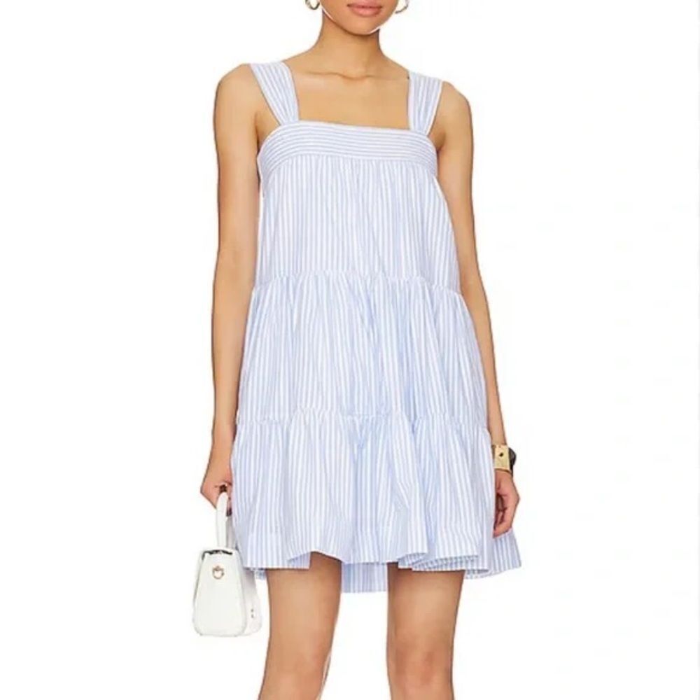 MINKPINK Blue and White Yasamin Cotton Tiered Mini Dress